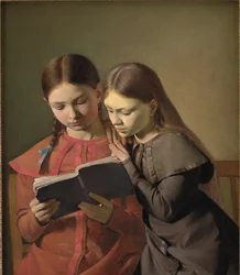 De zussen van de kunstenaar, Signe en Henriette, lezen een boek