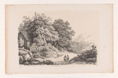 Landschap met twee figuren op een landweg