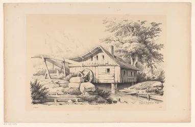Watermolen in berglandschap