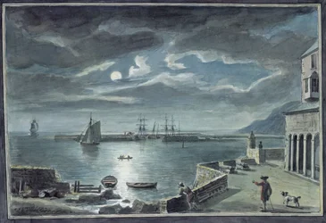 De haven en de Cobb, Lyme Regis, Dorset, bij maanlicht