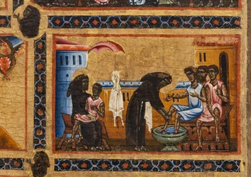 Bardi Sint-Franciscus altaarstuk en twintig verhalen uit zijn leven, de Bardi-kapel, detail van de heilige die leprozen onderwijst, terwijl hij er een in zijn armen houdt en de voeten van de anderen wast