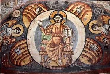 Koptische kunst: Christus in majesteit. De symbolen van de vier evangelisten (Tetramorf: de Engel, de Adelaar, de Stier en de Leeuw). Fresco die een nis decoreert, 5e-6e eeuw. Caïro, Koptisch Museum, Egypte