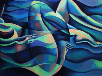 Stromende blauwe figuren