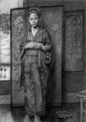 Een bedachtzame jongen in een kimono