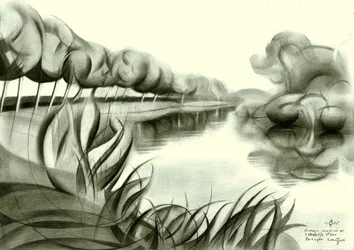 Schets van een rustige rivier