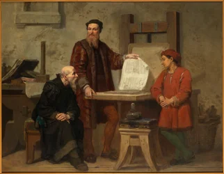 De uitvinding van de kunst van het drukken of Gutenberg aan het werk