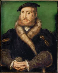 Portret van een bebaarde man met bontjas (schilderij op eik)