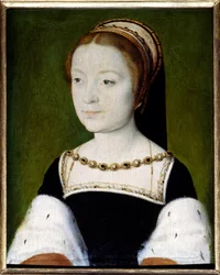 Portret van Magdalena van Frankrijk (1443-1495), oudste dochter van Frans I, koningin van Schotland, eerste vrouw van Jacobus V. Schilderij van Corneille de Lyon (Corneille de La Haye) (1500/1510-1574). Afmetingen: 0,22 x 0,31. Versailles, Musée du Château