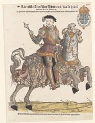 Portret van Hendrik II van Frankrijk in harnas te paard, naar rechts