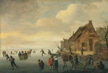 Een winterlandschap met door paarden getrokken sleeën en figuren die schaatsen op een bevroren meer bij een landelijk dorpje
