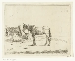 Landschap met paard en twee koeien bij hek
