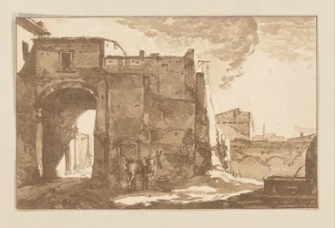 Poort met reiziger en muildier