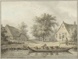 Landschap met afgemeerde schuit met vaten