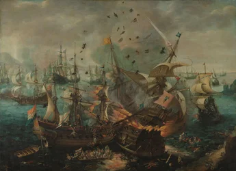 Slag bij Gibraltar in 1607. De explosie van het Spaanse vlaggenschip tijdens de Slag bij Gibraltar, 25 april 1607