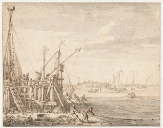 Havenhoofd met vissers die hun netten binnenhalen