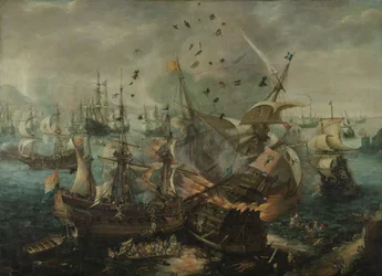 De explosie van het Spaanse vlaggenschip tijdens de Slag bij Gibraltar, ca. 1621