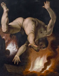 De val van Ixion (De naakte koning van de Lapithes valt in het vuur van de hel), ca. 1588 (olieverf op doek)
