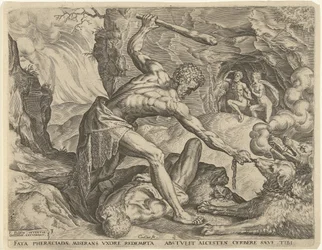 Hercules sleept Cerberus de hel uit Werken van Hercules (serie)