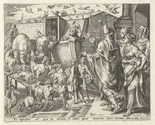 Noach gaat met zijn familie en de dieren aan boord van de ark