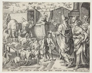 Noach, zijn familie en de dieren gaan aan boord van de ark