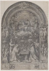 De kroning van de Maagd met de heilige Laurentius, de heilige Paulus, de heilige Petrus en de heilige Sixtus, 1576.