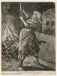 Een vrouw steekt een lichtkogel af, blad 5 uit de serie „Algemene vreugde over het beleg van Namen door Willem III, 1695”