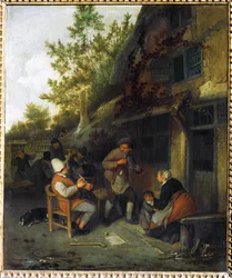 Boeren voor een taverne (schilderij op eikenhout)