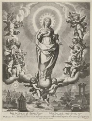Maria op een globe, omringd door engelen