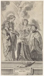 Een onbekende heilige (Ignatius van Loyola?) knielt voor Maria met kind