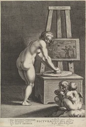 Pictura: allegorie van schilderkunst, met een naakte vrouw in het midden die pigmenten maalt, ca. 1610-50