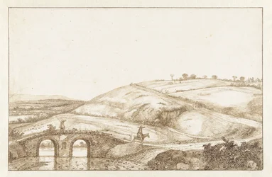 Heuvellandschap met stenen brug