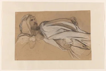 Studies voor de prediking van Johannes de Doper in de woestijn: mannenkop en draperiestudie van een zittende figuur