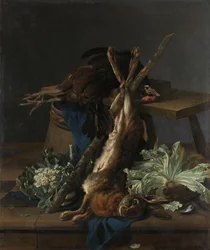 Stilleven met haas en zwarte haan