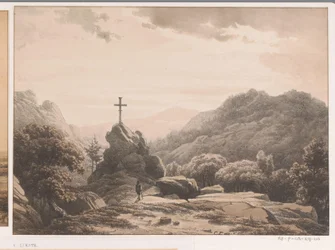 Berglandschap met kruis op een rots