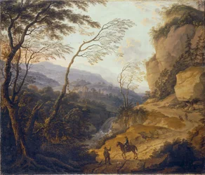 Dutch: Berglandschap met een ruiter en een jager in gesprek