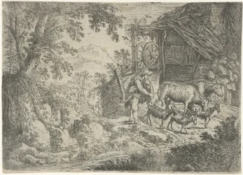 Herder met geiten en koeien
