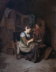 Vrouw met wijnglas en twee mannelijke boeren
