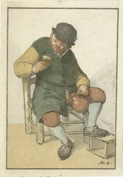 Zittende boer met kruik