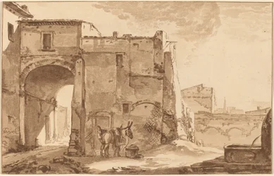 Poort met reiziger en muilezel