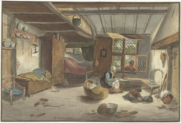 Interieur met vrouw bij wieg