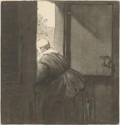 Vrouw leunend over een onderdeur