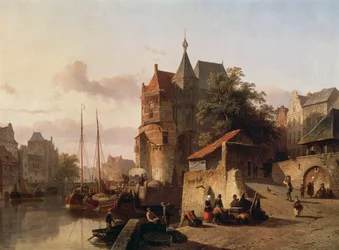 Nederlandse scène: Versterkte gebouwen aan de oevers van een kanaal