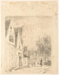 Gezicht op een straat met een paard en een man