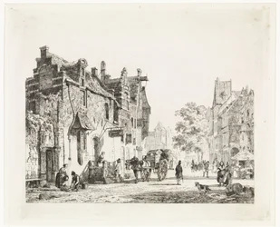 Stadsgezicht met paardenkar