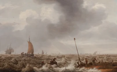 Schepen in woelige zeeën langs de kust met een pier, baken en een stad in de verte, ca. 1600-55
