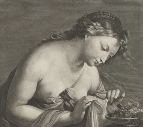 Erigone leunt over een schaal met druiven en tilt een stuk stof op met beide handen, ca. 1700