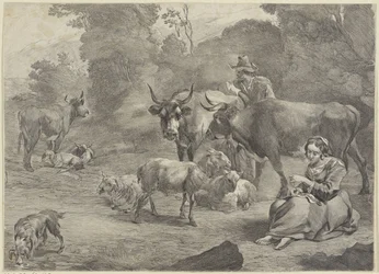 Landschap met een herder en een naaiende herderin