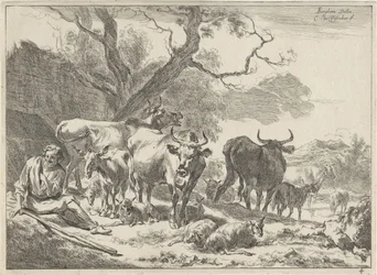 Rustende oude herder met zijn kudde