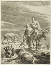 Een moeder en een kind op een ezel, plaat 4 uit Vier landschappen
