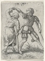 Een man met een houten been die een kreupele vrouw onder zijn arm draait, 1572 (gravure op laid papier)